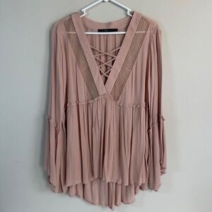 Pink Boho Peasant Top V-Neck Bell Sleeves Large Cottagecore Fairy Blouse Flowy